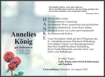 Traueranzeige von Annelies König von Südthüringer Presse