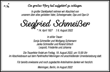 Traueranzeige von Siegfried Schmeißer von Südthüringer Presse