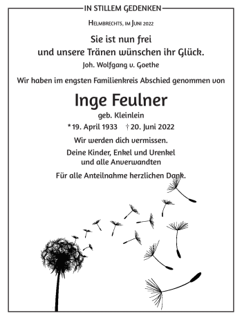 Traueranzeige von Inge Feulner von Frankenpost