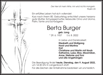 Traueranzeige von Berta Burger von Frankenpost