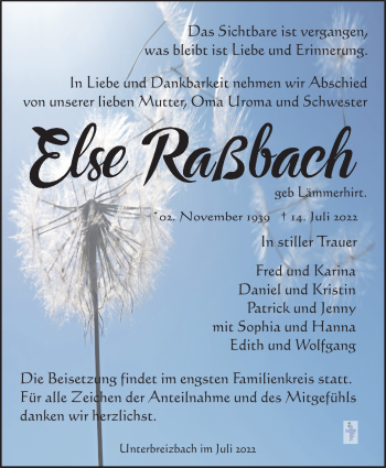 Traueranzeige von Else Raßbach von Südthüringer Presse