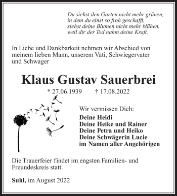 Traueranzeige von Klaus Gustav Sauerbrei von Südthüringer Presse