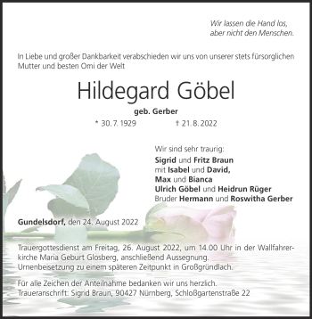 Traueranzeige von Hildegard Göbel von Neue Presse Coburg
