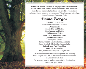 Traueranzeige von Heinz Berger von Südthüringer Presse