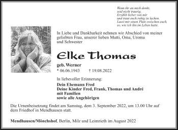 Traueranzeige von elke Thomas von Südthüringer Presse