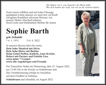 Traueranzeige von Sophie Barth von Südthüringer Presse