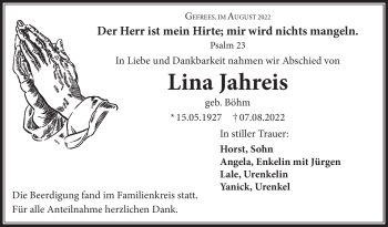 Traueranzeige von Lina Jahreis von Frankenpost