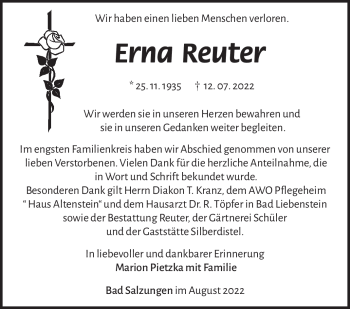 Traueranzeige von Erna Reuter von Südthüringer Presse