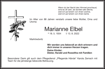 Traueranzeige von Marianne Elbel von Frankenpost