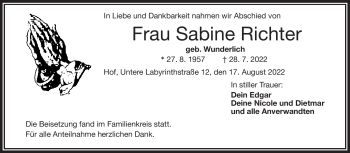 Traueranzeige von Sabine Richter von Frankenpost