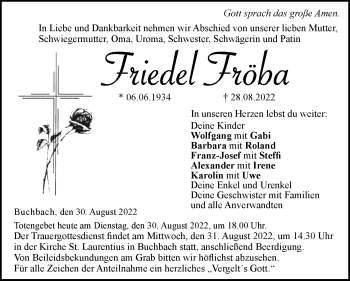 Traueranzeige von Friedel Fröba von Neue Presse Coburg