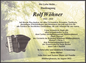 Traueranzeige von Rolf Wöhner von Südthüringer Presse