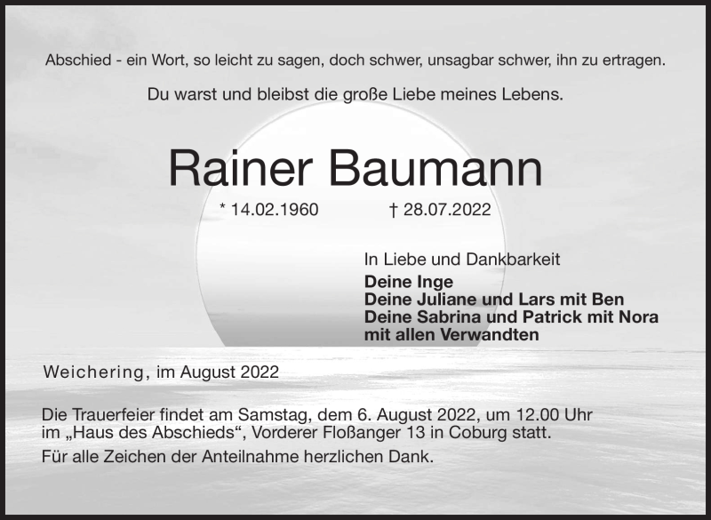  Traueranzeige für Rainer Baumann vom 02.08.2022 aus Neue Presse Coburg