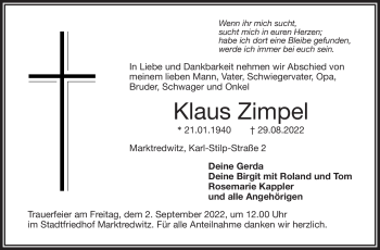 Traueranzeige von Klaus Zimpel von Frankenpost