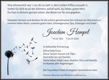 Traueranzeige von Joachim Hempel von Südthüringer Presse