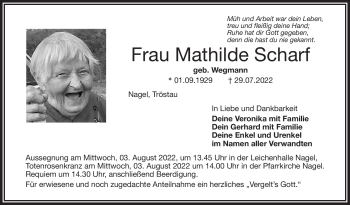 Traueranzeige von Mathilde Scharf von Frankenpost