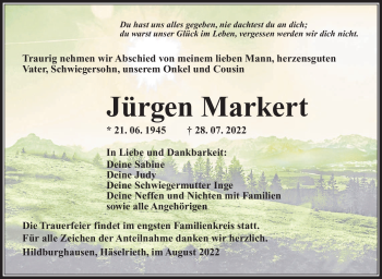 Traueranzeige von Jürgen Markert von Südthüringer Presse