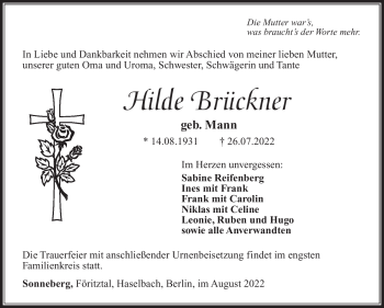 Traueranzeige von Hilde Brückner von Südthüringer Presse