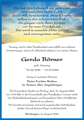 Traueranzeige von Gerda Börner von Südthüringer Presse