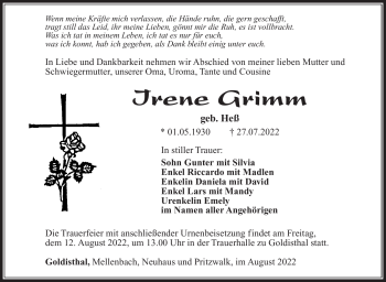 Traueranzeige von Irene Grimm von Südthüringer Presse
