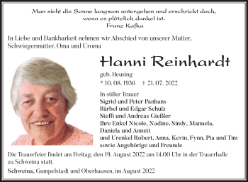 Traueranzeige von Hanni Reinhardt von Südthüringer Presse