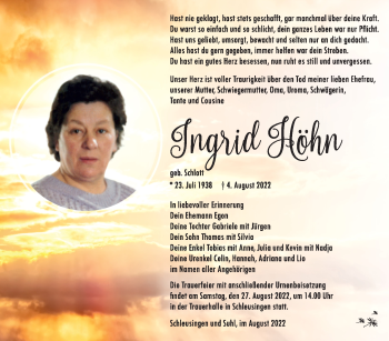 Traueranzeige von Ingrid Höhn von Südthüringer Presse