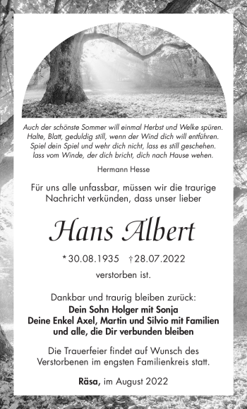 Traueranzeige von Hans Albert von Südthüringer Presse