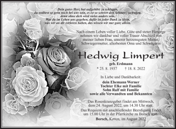 Traueranzeige von Hedwig Limpert von Südthüringer Presse