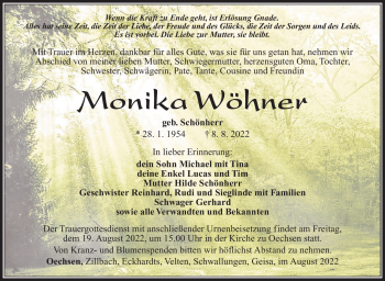 Traueranzeige von Monika Wöhner von Südthüringer Presse