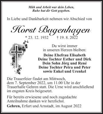 Traueranzeige von Horst Bugenhagen von Südthüringer Presse