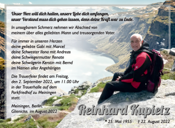Traueranzeige von Reinhard Kupietz von Südthüringer Presse