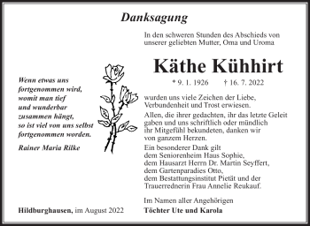Traueranzeige von Käthe Kühhirt von Südthüringer Presse
