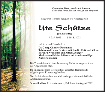 Traueranzeige von Ute Schütze von Südthüringer Presse