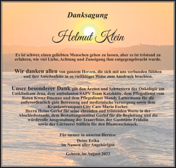 Traueranzeige von Helmut Klein von Südthüringer Presse