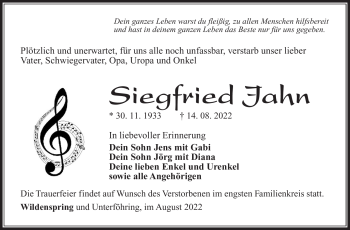 Traueranzeige von Siegfried Jahn von Südthüringer Presse