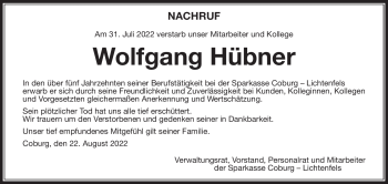 Traueranzeige von Wolfgang Hübner von Neue Presse Coburg