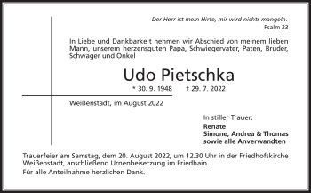 Traueranzeige von Udo Pietschka von Frankenpost