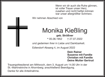 Traueranzeige von Monika Kießling von Frankenpost