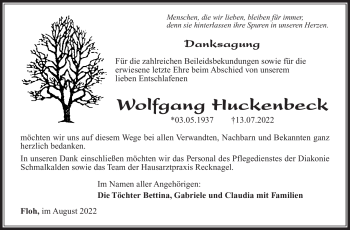 Traueranzeige von Wolfgang Huckenbeck von Südthüringer Presse