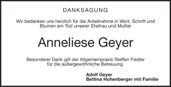 Traueranzeige von Anneliese Geyer von Neue Presse Coburg