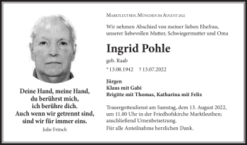 Traueranzeige von Ingrid Pohle von Frankenpost