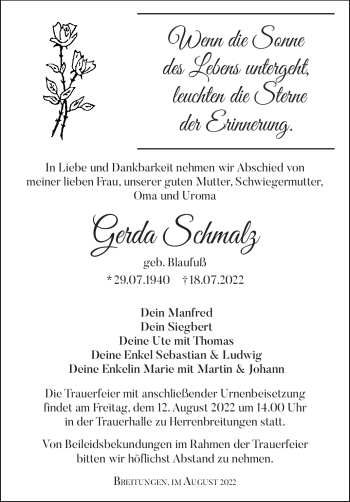 Traueranzeige von Gerda Schmalz von Südthüringer Presse