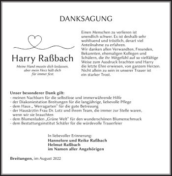 Traueranzeige von Harry Raßbach von Südthüringer Presse