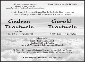 Traueranzeige von GudrunGerold TrautweinTrautwein von Südthüringer Presse