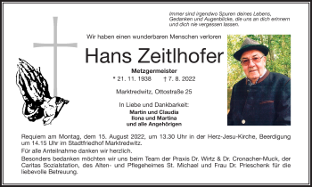 Traueranzeige von Hans Zeitlhofer von Frankenpost