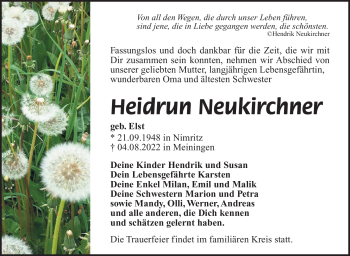 Traueranzeige von Heidrun Neukirchner von Südthüringer Presse