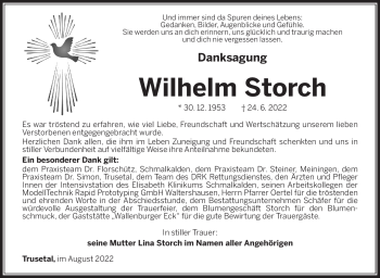 Traueranzeige von Wilhelm Storch von Südthüringer Presse