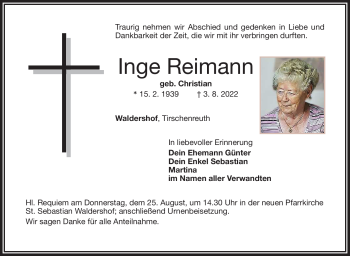 Traueranzeige von Inge Reimann von Frankenpost