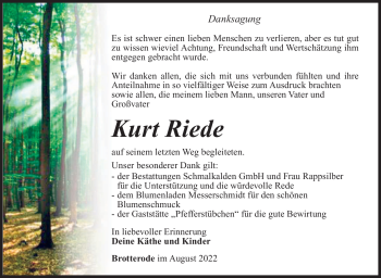 Traueranzeige von Kurt Riede von Südthüringer Presse
