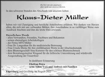 Traueranzeige von Klaus-Dieter Müller von Südthüringer Presse
